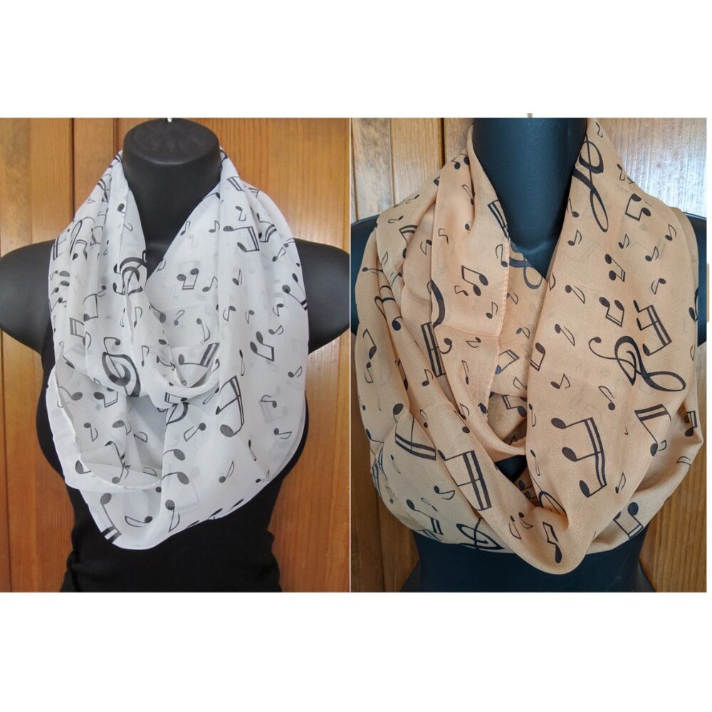Music Notes G Clefs Sheer Chiffon Infinity Loop Circle Scarf White Black Gold